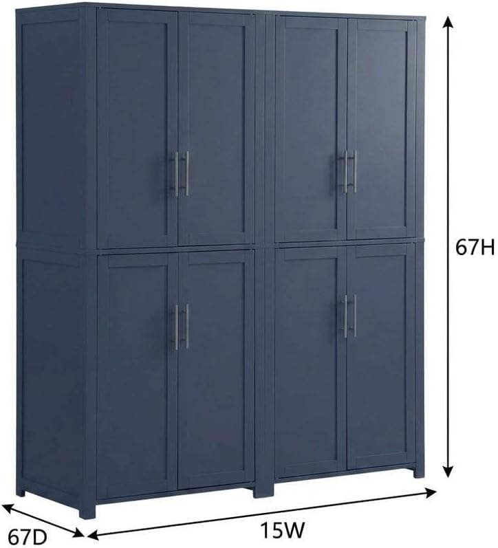 Furnifact Blue Pantry Cabinets Two-Piece Storage Set with Anti-Tip Mechanism and Floor Clearance, Durable Construction, Ideal for Organized Kitchen Storage