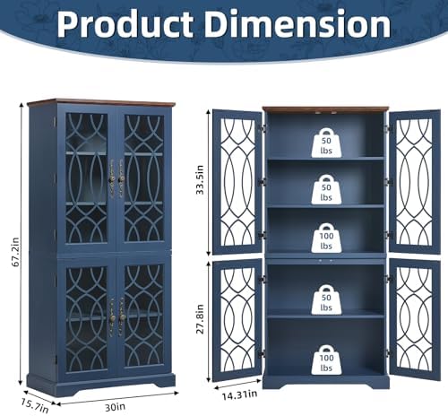 Joaxswe 67" Tall Pantry Cabinet Set of 3, Vintage Kitchen Pantries Cabinets with Glass Doors & Adjustable Shelves, Wood Cupboard with Large Storage for Dining Room, Bathroom, Navy Blue