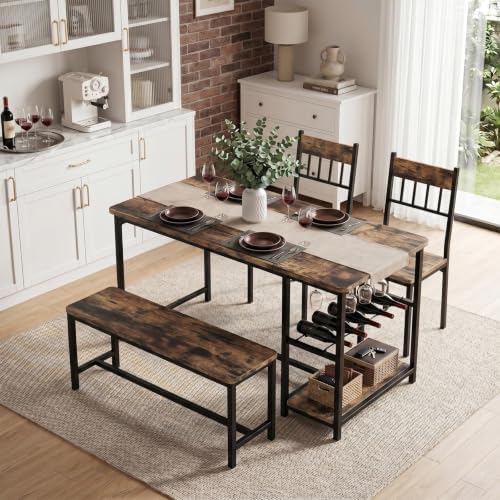 55-Inch Dining Table Set for 4 with Bench, Wine Rack, Rustic Brown | 4-Piece Kitchen Table Set with 2 Chairs, Bench, Stemware Holder and Storage Shelves for Small Spaces and Apartments
