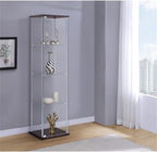 BOWERY HILL 4 Shelf Glass Display Case Cabinet with Chrome Support Beams and Cappuccino Brown Top/Base