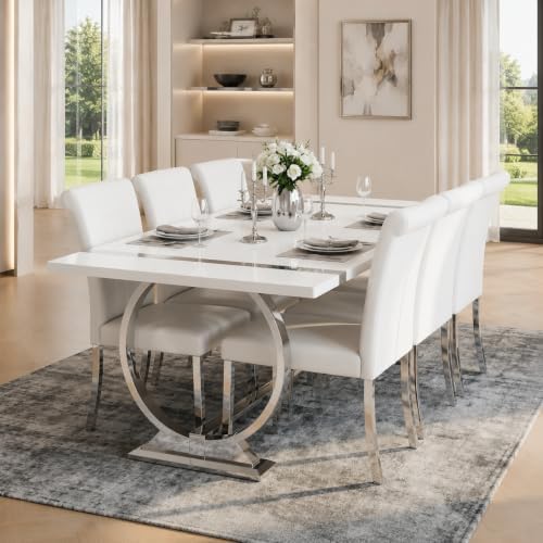 Asday White Leather Dining Chairs Set of 4, White and Silver Dining Room Chairs with Mirrored Chrome Stainless Steel Legs and Rolled Back Design