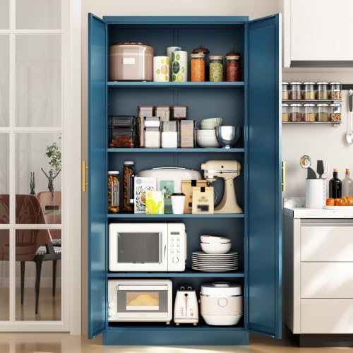 BESFUR 71" Tall Metal Storage Cabinet with 2 Doors and 4 Adjustable Shelves, Heavy Duty Kitchen Pantry Cabinet for Home Office, Kitchen, Garage and Dining Room, Blue,71”H x 27.5”W x 13.8”D