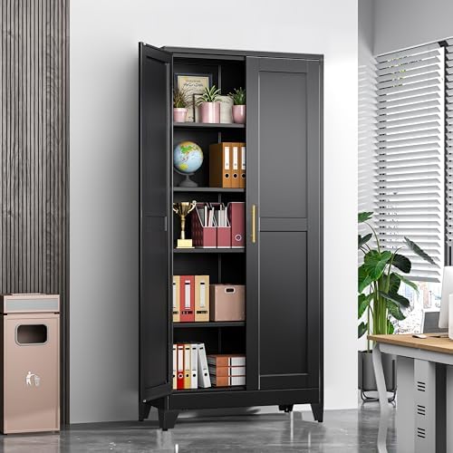 GAIOUS 71" Tall Metal Storage Cabinet with 2 Doors and 4 Adjustable Shelves | Kitchen Pantry Cabinet Black Freestanding Cupboard, 5 Tier Multifunctional Steel Storage for Office, Kitchen, Dining Room
