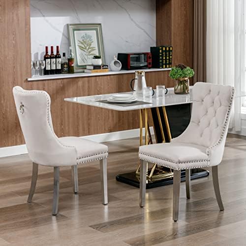 44.88" Round Dining Table Set, Luxury Diamond-Shape Dining Room Table with Faux Marble Top & 4 Beige Tufted Velvet Chairs, White&Silver Circle Kitchen Table and Chairs Set with Stainless Steel Base