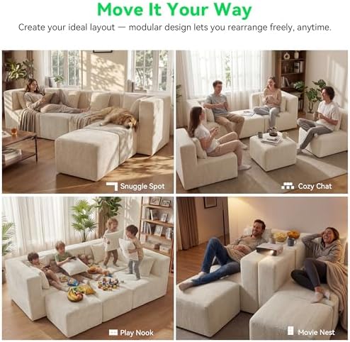 MONVANE U Shaped Sectional Couch Oversized, Chenille, Beige | 6-Seat Sectional Couch for Living Room, Modular Cloud Sofa with Ottoman & 6 Throw Pillows, No Assembly Required