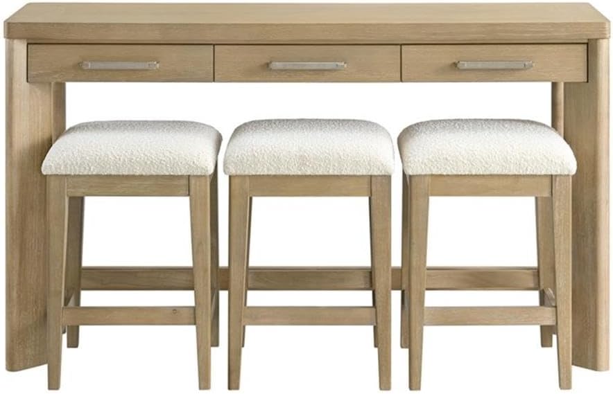 Pemberly Row Oak Console Table Set, Sand Dune Beige Finish, Solid Wood Construction with 3 Drawers & 3 Upholstered Stools, Coastal-Inspired Space-Saving Design for Entryway or Living Room