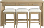 Pemberly Row Oak Console Table Set, Sand Dune Beige Finish, Solid Wood Construction with 3 Drawers & 3 Upholstered Stools, Coastal-Inspired Space-Saving Design for Entryway or Living Room