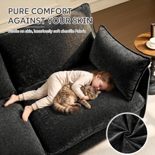 Ihanherry 139" Oversized V-Shaped Modular Sectional Couch, 9-Seater Cloud Sofa with Corner & Movable Ottoman, Large Cushions, Chenille Deep Seat Living Room Furniture Set,Black
