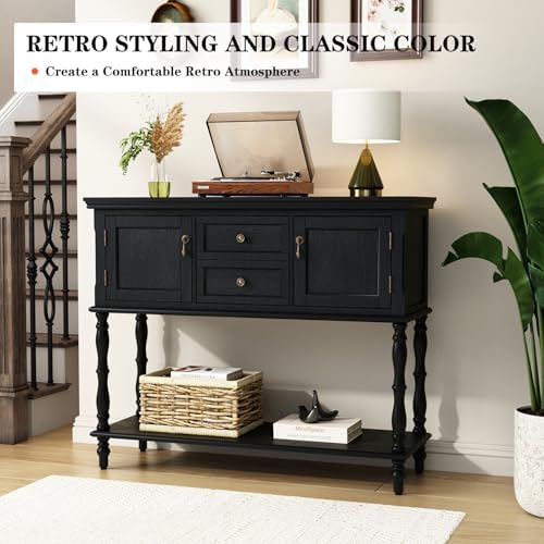 ARTPOWER Console Table with 2 Drawers, Retro Entryway Table with 2 Door | Solid Wood Veneer Entry Table, Behind Couch Sofa Table with Open Storage Shelf for Living Room, Foyer, Hallway