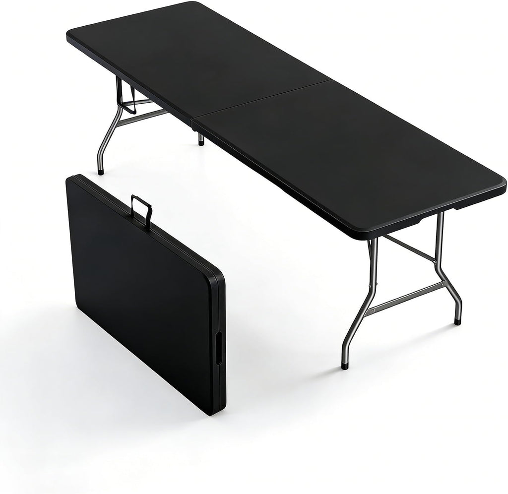 8FT Heavy Duty Folding Table,Fold-in-Half Portable Plastic Utility Table with Carry Handle&Locking Legs,Indoor Outdoor Table for Party,Tailgate,BBQ,Camping,Events,Backyard Dining–Black