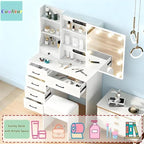 Vanity Desk with Mirror and Lights, 6 Drawers 6 Shelves 1 Stool & Sildeable Mirror Makeup Vanity, 3 Modes Light Adjustable, White, 51" H