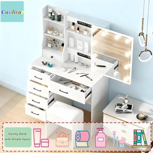 Vanity Desk with Mirror and Lights, 6 Drawers 6 Shelves 1 Stool & Sildeable Mirror Makeup Vanity, 3 Modes Light Adjustable, White, 51" H