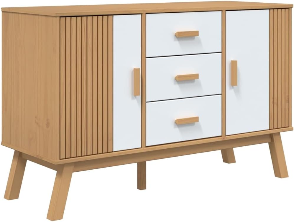 White and Brown Solid Pine Wood Sideboard with Multiple Drawers and Doors for Dining Room Living Room Hallway Storage Modern Scandinavian Design Furniture