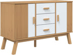 White and Brown Solid Pine Wood Sideboard with Multiple Drawers and Doors for Dining Room Living Room Hallway Storage Modern Scandinavian Design