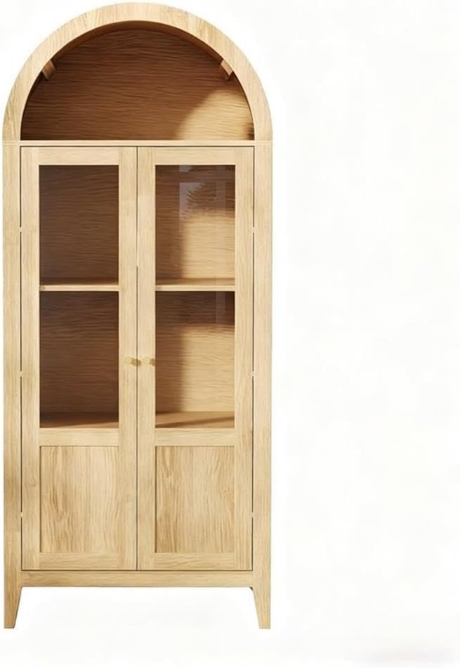 Light Brown Tall Arched Cabinet with Glass Doors Storage Cabinet Engineered Wood Display Cabinet for Kitchen Dining Room Living Room Anti Tip Design
