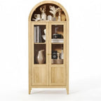 Light Brown Tall Arched Cabinet with Glass Doors Storage Cabinet Engineered Wood Display Cabinet for Kitchen Dining Room Living Room Anti Tip Design