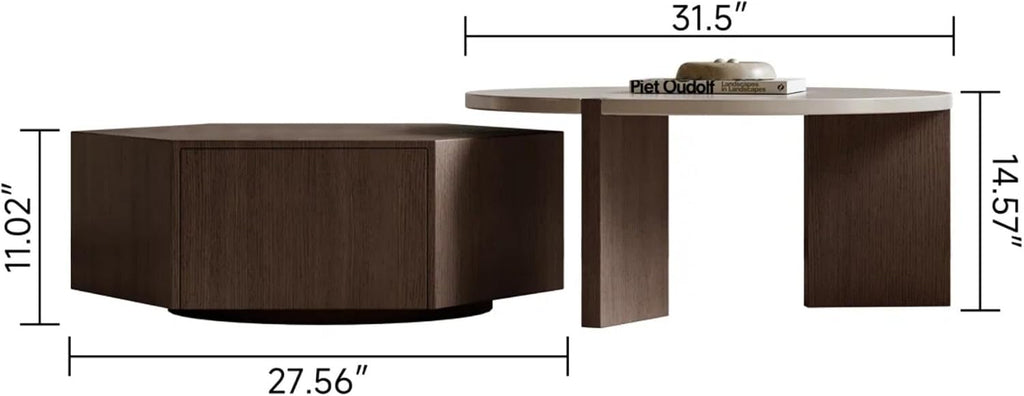 Round Nesting Coffee Table for Living Room, Hexagonal Side Table Set | White Lacquer Finish Center Tabletop | Pine Veneer End Table | Set of 2 | Living Room Decor | Stackable Design | Space-Saving