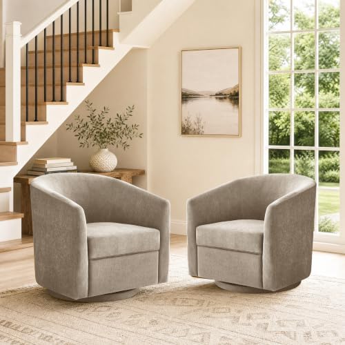 Zihanhome Chenille Swivel Accent Chair Set of 2, Modern Barrel Chairs with 360° Swivel Base, Upholstered Living Room Chairs, No Assembly Armchairs for Bedroom, Reading Nook, Apartment (2, Khaki)