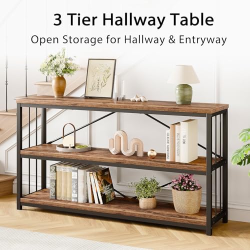 LVB Industrial Console Entryway Table, Metal Wood Rustic Brown, 55 in | Farmhouse 3 Tier Shelf Long Hallway Foyer Entry Tables Behind Couch, Sofa Table for Home Living Room Entryway