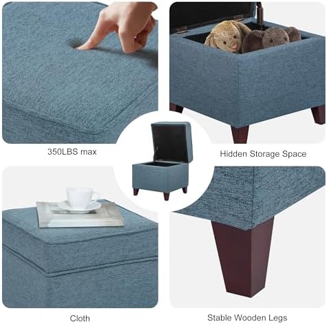 Adeco 17" Square Ottoman with Storage, Small Blue Storage Ottoman Foot Rest with Hinged Lid & Solid Wood Legs, Linen Fabric Foot Stool for Living Room & Bedroom, Seasonal Home Refresh & Gifting