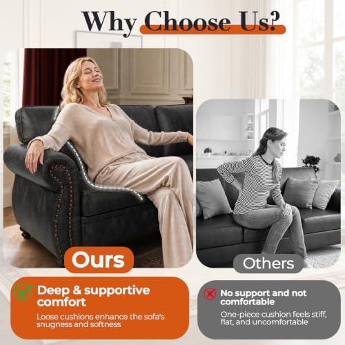 Couchus 88" W Living Room Furniture Sets, 3-Seater&Loveseat&Single, Grey | Faux Leather Fabric Sofa and Couch Sets, Mid-Century Sofa Set with Nailhead Trim