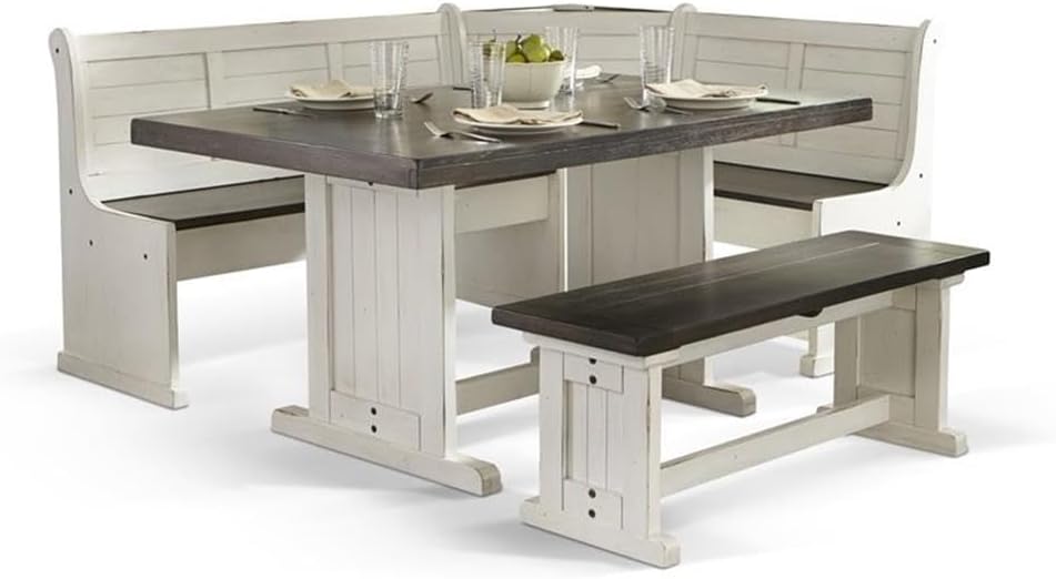 Pemberly Row 4-Pieces Dining Set Wood, Rectangular in Brown (36" H x 75" W x 56" D) for Kitchen, Dining Room with Table, Reversable Benches, and Storage Space