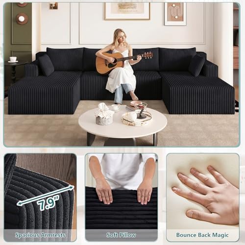 124" U-Shape Cloud Couch, Modern Modular Sectional U-Shape Sofa, Corduroy Couch Upholstered Couches Deep Seat Sleeper Chaise Longue for Living Room, No Assembly Required, Black