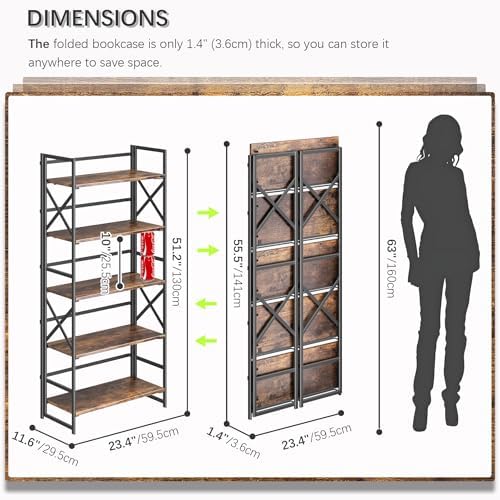 4NM 5 Tiers No Assembly Book Shelves, 51.2" H Folding Bookshelf Bookcase Open Industrial Foldable Shelves for Bedroom, Living Room, Home Office - Rustic Brown Black