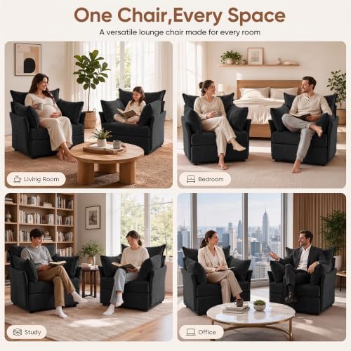 ABCASA Oversized Chenille Accent Chair,Washable Cover and Deep Seat,Black | Extra Wide Seat and Washable Cover,with Fluffy Pillows and Soft Cushions,Reading Chairs for Living Room,Bedroom,Pet-Friendly