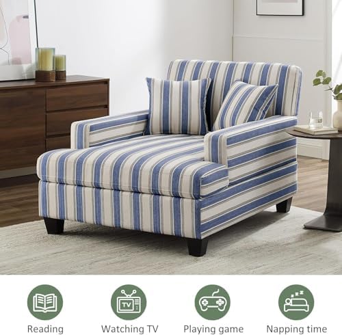 VANOMi 47" Chaise Lounge Chair, Adjustable Backrest, Navy Stripe Chenille | Recliner Sleeper Sofa with Pillows, Oversized Upholstered Single Sofa Bed, Lounge Chair for Living Room, Bedroom, Office
