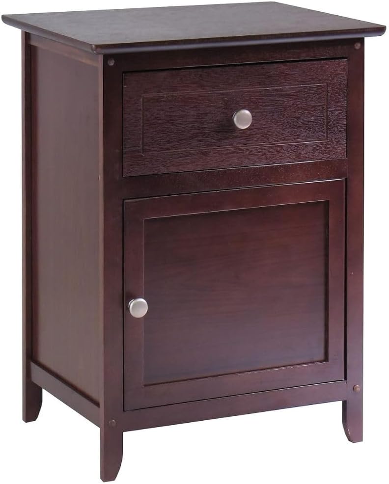 Wood Eugene Accent Table Walnut Finish Compact Side Table with Drawer and Cabinet Solid and Composite Wood Ideal for Bedroom Living Room or Entryway Storage