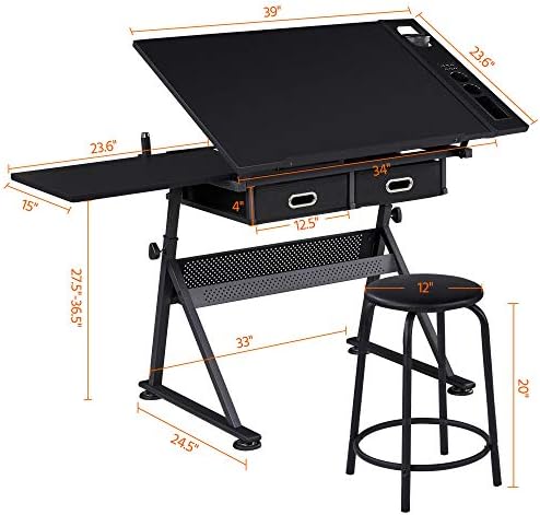 Yaheetech Adjustable Drafting Table Art Desk,Storage Drawers & Stool,Black | MDF tabletop tilts 0-60° on a metal frame for drawing, crafts, and homework, with two supply drawers and a matching stool.