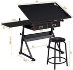 Yaheetech Adjustable Drafting Table Art Desk,Storage Drawers & Stool,Black | MDF tabletop tilts 0-60° on a metal frame for drawing, crafts, and homework, with two supply drawers and a matching stool.