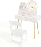 HONEY JOY Kids Vanity, Little Girls Vanity Set with Mirror and Stool and Lights, Drawers, Toddler Makeup Vanity Dressing Table, Wooden Pretend Play Kids Vanity Table and Chair Set (White)