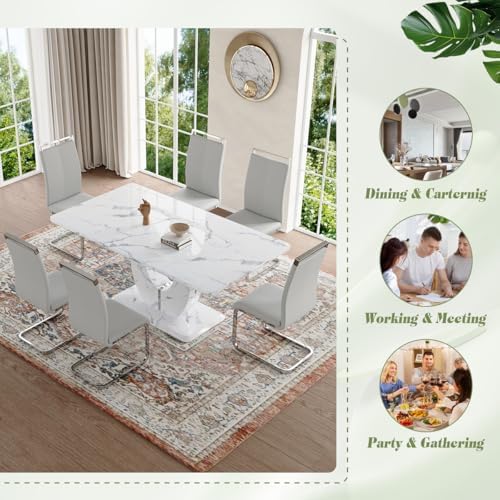 JUFU 63" Faux Marble Dining Table for 4-6 People, Modern Rectangular Kitchen & Dining Room Table, White Marble-Look MDF Tabletop with U-Shaped Pedestal Base, Easy Assembly Dining Table