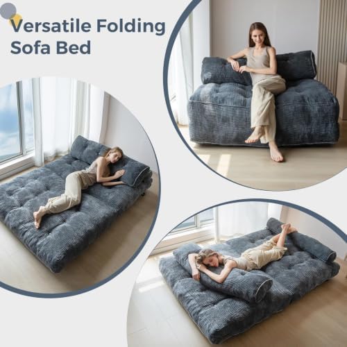 MAXYOYO Folding Sofa Bed, Convertible Chair Bed with Pillow | Foldable Couch with Back Support, Portable Fold Out Chair Comfy Floor Sofa for Living Room Bedroom, Dark Grey, Double