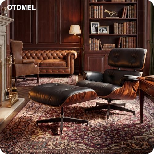 Mid Century Modern Top Grain Leather Chaise Lounge Chair & Ottoman | Modern Classic Recliner with Heavy Duty Base, Fixed Tilting for Living Room, Study, Lounge & Office, Palisander Black