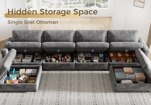 KKL Modular Sectional Couches for Living Room, U Shaped Sofa Couch with Adjustable Backrest, Chenille 6 Seater Sofa Couch with Convertible Ottoman and Comfy Cushion, Grey