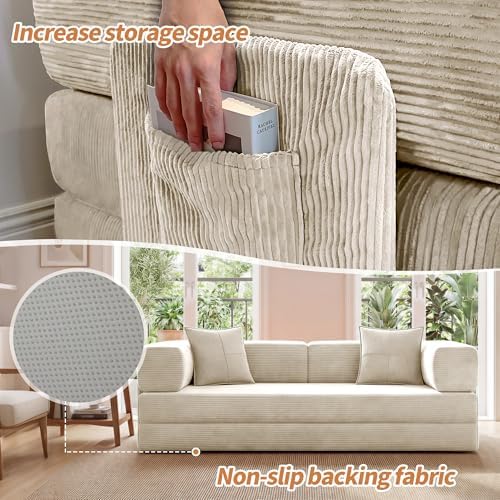 78.8" Couch for Living Room, Futon Sleeper Sofa Bed | Convertible Sofa Bed, Corduroy Pull Out Couch Loveseat with Storage Pocket, Modular Design, No Assembly, White