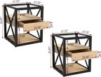 End Table Set of 2, Natural Wood MDF with Tempered Glass Top and Drawer | Industrial-Style Nightstands with Drawer Storage for Bedrooms and Living Rooms; Coordinating Side Table Pair