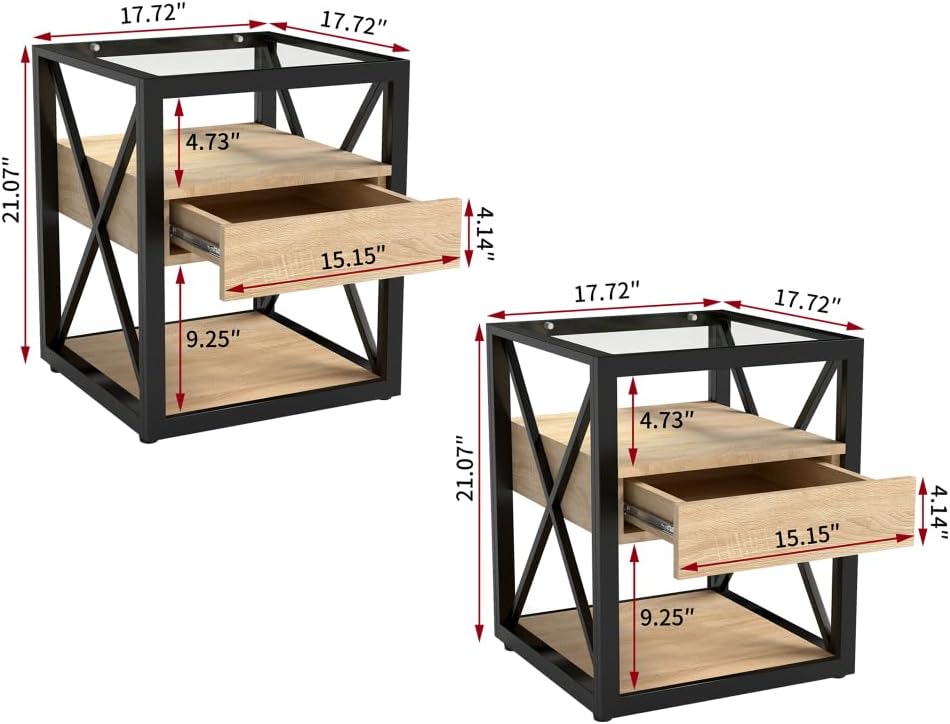 End Table Set of 2, Natural Wood MDF with Tempered Glass Top and Drawer | Industrial-Style Nightstands with Drawer Storage for Bedrooms and Living Rooms; Coordinating Side Table Pair
