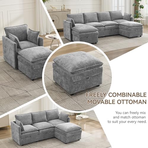 27" Large Square Ottoman with Storage, Modern Upholstered Footrest with Anti-Slip Legs for Couch Coffee Table Living Room, Bedroom, Entryway, Chenille Light Grey