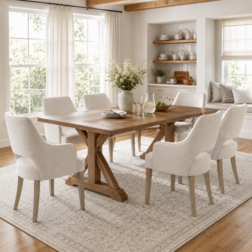 Dining Chairs Set of 6 Linen Upholstered Accent Kitchen Chair with Hollow Back/Padded Seat/Wood Legs for Dining Room Restaurant Home Decor, Beige