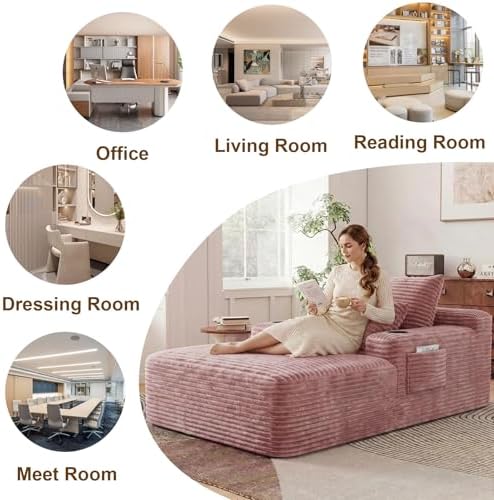 65" Oversized Chaise Lounge Chair Indoor, Chaise Lounge Chair with Cup Holders Side Pockets 3 Pillows, Cloud Corduroy Chaise Sofa Bed Sleeper Couches for Living Room No Assembly Require,Pink