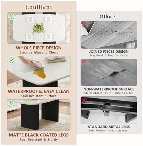 Ebullient White Dining Table Set for 8, 67'' Marble Oval Dining Table Set with 8 Metal Chairs, 3.5'' Thick Marble-Grain Top and Matte Black Wood Base, Space-Saving 9 Piece Kitchen Table Set