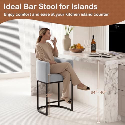 26" H Counter Height Bar Stools Set of 3, Modern Barrel Counter Stools with Backrest and Arms, Linen Fabric Upholstered Accent Barstools for Kitchen Island,Support 450 LBS