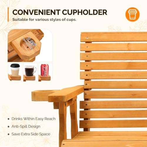 VINGLI Wooden Patio Glider, Heavy Duty 800 LBS Outdoor Glider with Cup Holders, 5 FT Wooden Glider Bench with High Backrest for Garden, Yard, Patio, Teak