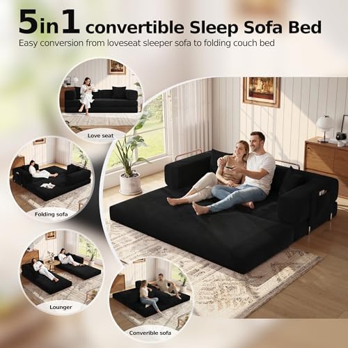 MoonSpeak 78.8'' Futon Sofa Bed, Couches for Living Room | Corduroy Convertible Futon Sofa Bed with Storage Pocket, Modular Sleeper Couch in a Box, No Assembly (Black)