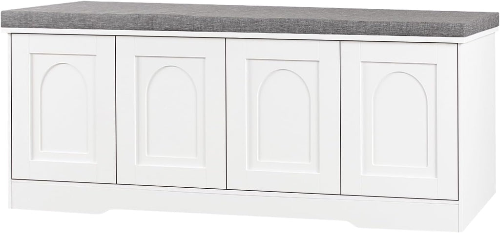 DINZI LVJ Shoe Storage Bench with Cushion, Door, White 47.2" LX17.7 H | Entryway Bench, 2-Tier Cabinet Bench, Widened Cubby, Fully Adjustable Shelves for Boots, Easy Assembly, Farmhouse, Bedroom