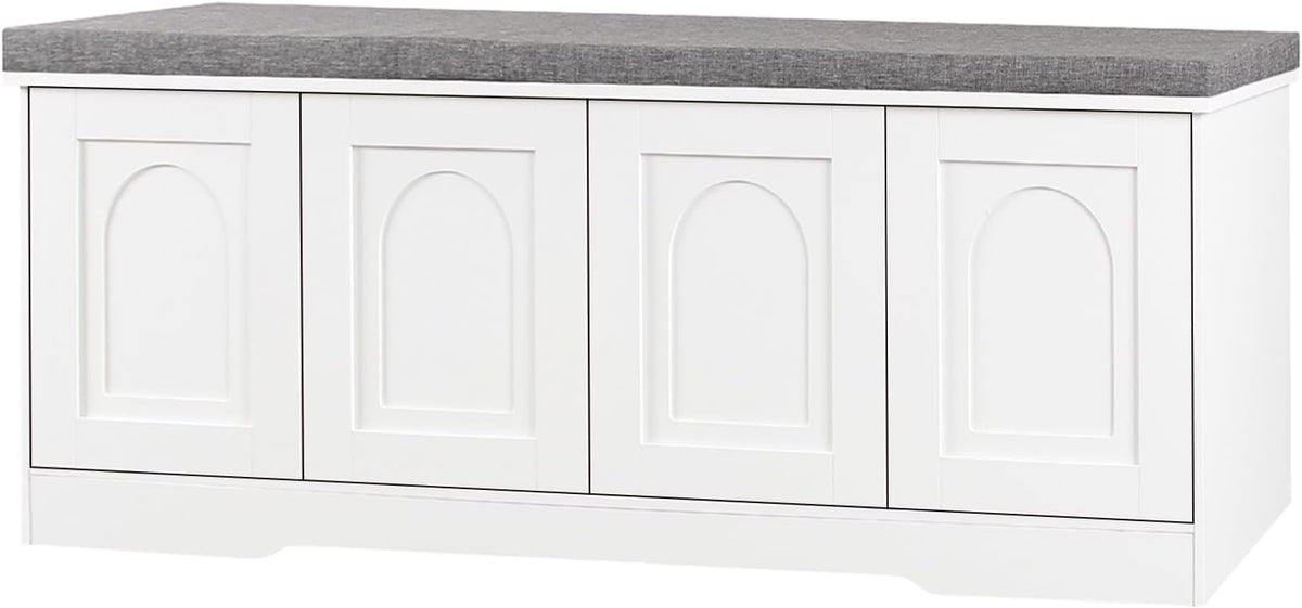 DINZI LVJ Shoe Storage Bench with Cushion, Door, White 47.2" LX17.7 H | Entryway Bench, 2-Tier Cabinet Bench, Widened Cubby, Fully Adjustable Shelves for Boots, Easy Assembly, Farmhouse, Bedroom